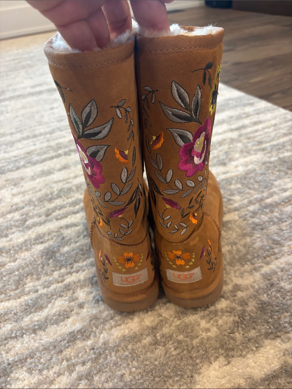 UGG Chestnut Suede Mid-Calf Boots with Colorful Floral Embroidery - Picture 3 of 6